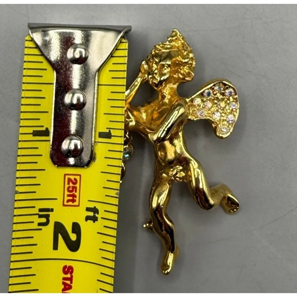 Kirks Folly Gold Tone Cherub Angel Brooch AB Rhinestone Heart Dangle Pin Vintage